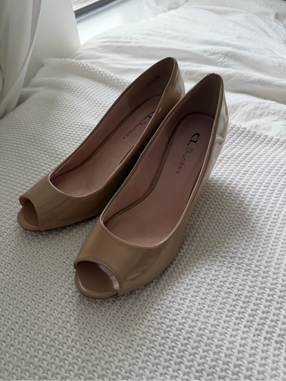 CL by Laundry Beige Patent Peep-Toe Wedges